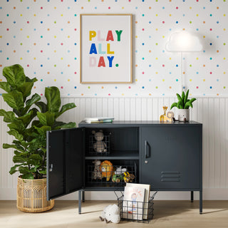 The Oxford metal storage locker in slate grey with two doors, one open showing baskets of toys inside