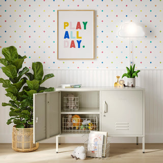 The Oxford metal storage locker in vanilla with two doors, one open showing baskets of toys inside