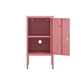 The camden bedside table locker in flamingo pink with the door open