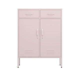 two door metal storage locker with two drawers above in light pink