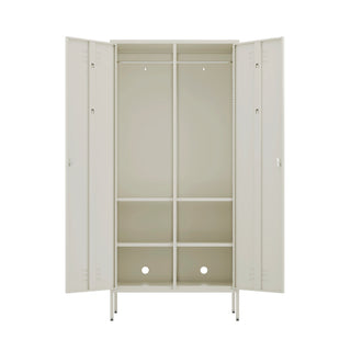 The Chelsea double-door, metal wardrobe locker in vanilla, with both doors open