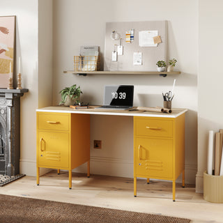 The Double Bromley Desk with Mustard Lockers - Oak Desktop