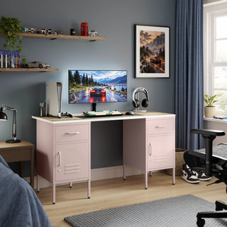 The Double Bromley Children/Teenage Desk with Light Pink Lockers - Oak Desktop - Urban Lockers