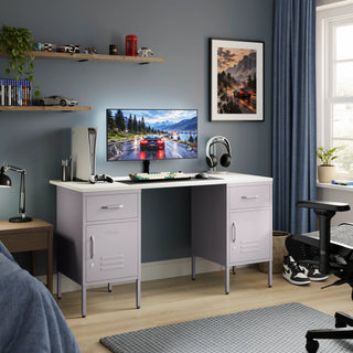 The Double Bromley Children/Teenage Desk with Lilac Lockers - White Desktop - Urban Lockers