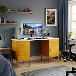 The Double Bromley Children/Teenage Desk with Mustard Lockers - White Desktop - Urban Lockers