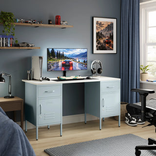 The Double Bromley Children/Teenage Desk with Sky Blue Lockers - White Desktop - Urban Lockers