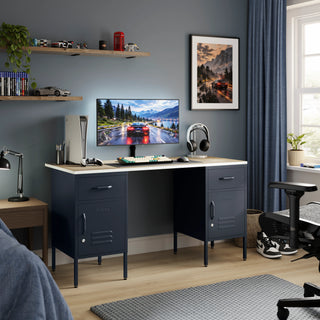 The Double Bromley Children/Teenage Desk with Slate Grey Lockers - Oak Desktop - Urban Lockers