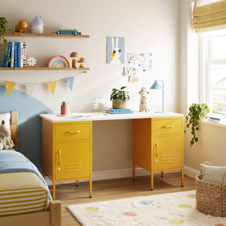 The Double Bromley Children/Teenage Desk with Mustard Lockers - White Desktop - Urban Lockers