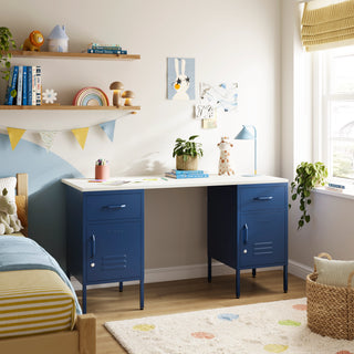 The Double Bromley Children/Teenage Desk with Navy Blue Lockers - White Desktop - Urban Lockers