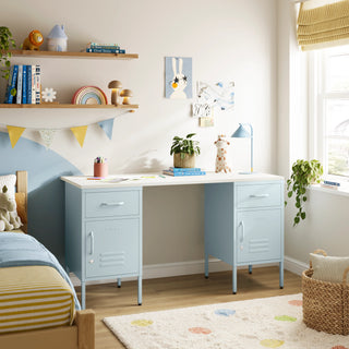The Double Bromley Children/Teenage Desk with Sky Blue Lockers - White Desktop - Urban Lockers
