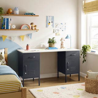 The Double Bromley Children/Teenage Desk with Slate Grey Lockers - White Desktop - Urban Lockers