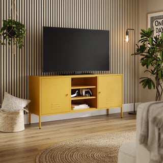 The Henley metal TV stand and media unit in mustard with two cupboards and open central shelving.