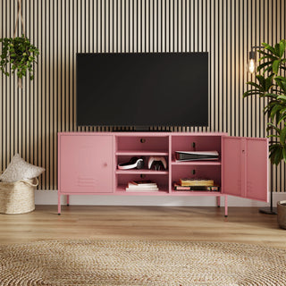 The Henley metal TV stand and media unit in flamingo with two cupboards and open central shelving.