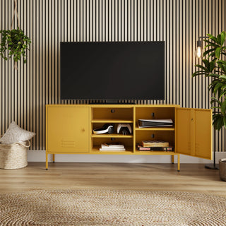 The Henley metal TV stand and media unit in mustard with two cupboards and open central shelving.