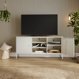The Henley metal TV stand and media unit in vanilla with two cupboards and open central shelving.