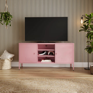 The Henley metal TV stand and media unit in flamingo with two cupboards and open central shelving.