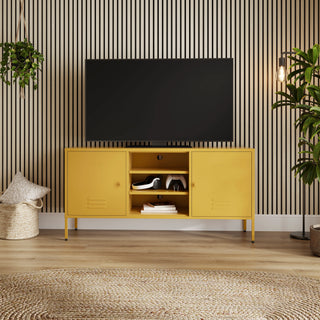 The Henley metal TV stand and media unit in mustard with two cupboards and open central shelving.
