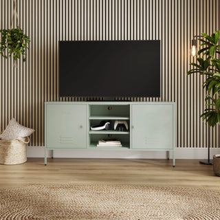 The Henley metal TV stand and media unit in sage with two cupboards and open central shelving.