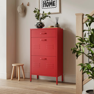 The Shoreditch shoe cabinet in red with a top drawer, two lower shoe compartments and matching handles, styled in a hallway.