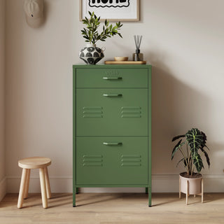 The Shoreditch shoe cabinet in forest with a top drawer, two lower shoe compartments and matching handles, styled in a hallway.