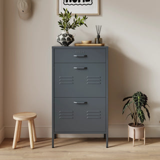 The Shoreditch shoe cabinet in grey with a top drawer, two lower shoe compartments and matching handles, styled in a hallway.