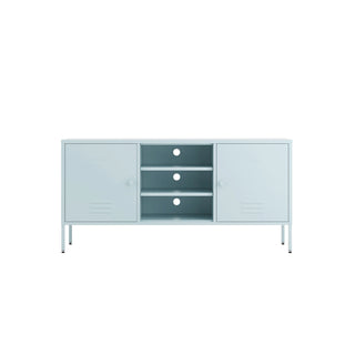 The Henley metal TV stand and media unit in sky blue with two cupboards and open central shelving.