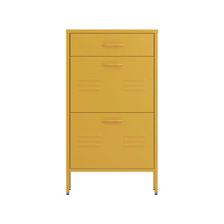The Shoreditch shoe cabinet in mustard with a top drawer, two lower shoe compartments and matching handles, styled in a hallway.