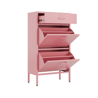 The Shoreditch shoe cabinet in flamingo with a top drawer, two lower shoe compartments and matching handles, styled in a hallway.
