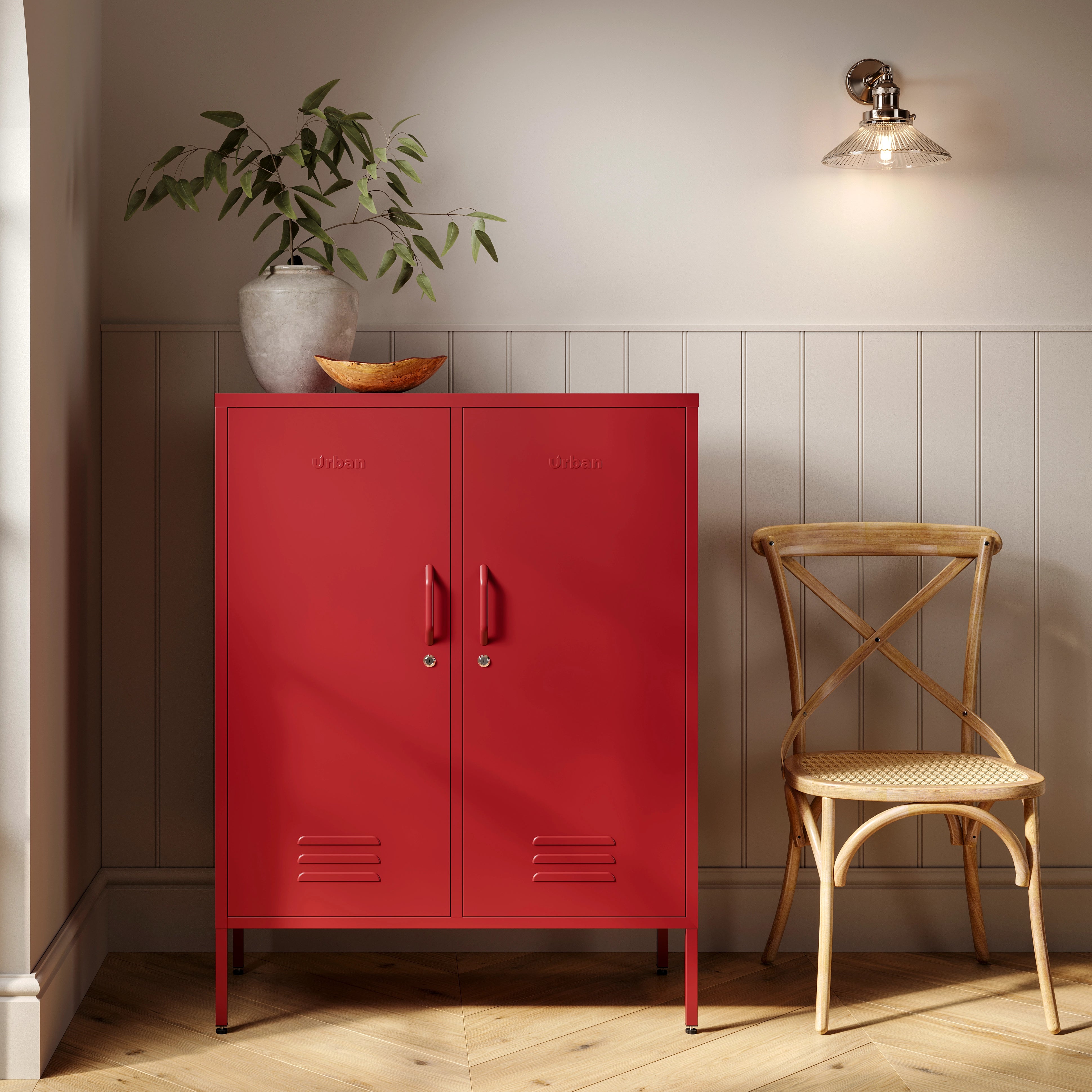 red locker dresser 25 Inch Metal Side Cabinet, Double Door TV Stand, Storage Cabinet with Adjustable Shelves Ebern Designs Color: Red
