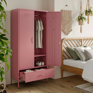 Metal, tall, double-door and single-drawer storage locker in flamingo pink, open showing clothes and shoes, in a bedroom