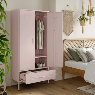 Metal, tall, double-door and single-drawer storage locker in light pink, open showing clothes and shoes, in a bedroom