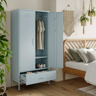 Metal, tall, double-door and single-drawer storage locker in sky blue, open showing clothes and shoes, in a bedroom