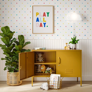 The Oxford metal storage locker in mustard yellow with two doors, one open showing baskets of toys inside 