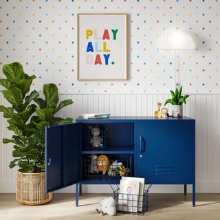 The Oxford metal storage locker in navy blue with two doors, one open showing baskets of toys inside 