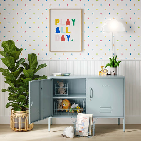 The Oxford metal storage locker in sky blue with two doors, one open showing baskets of toys inside 