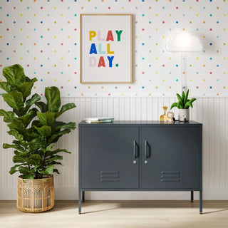 The Oxford metal storage locker in slate grey with two doors, with books and toys on top