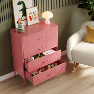 The Harrow metal drawers in flamingo pink with 4 drawers, 2 of them open showing toys inside