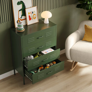 The Harrow metal drawers in forest green with 4 drawers, 2 of them open showing toys inside