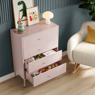 The Harrow metal drawers in light pink with 4 drawers, 2 of them open showing toys inside