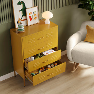 The Harrow metal drawers in mustard yellow with 4 drawers, 2 of them open showing toys inside