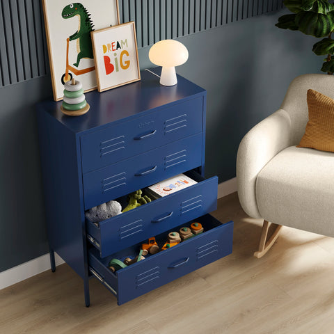 The Harrow metal drawers in navy blue with 4 drawers, 2 of them open showing toys inside