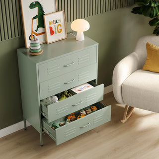 The Harrow metal drawers in sage green with 4 drawers, 2 of them open showing toys inside