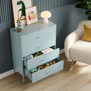 The Harrow metal drawers in sky blue with 4 drawers, 2 of them open showing toys inside