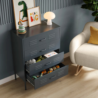 The Harrow metal drawers in slate grey with 4 drawers, 2 of them open showing toys inside