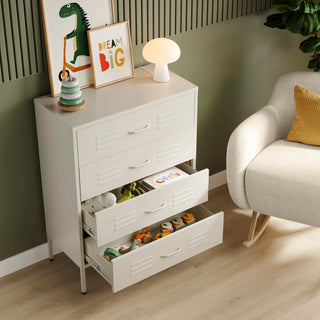 The Harrow metal drawers in vanilla with 4 drawers, 2 of them open showing toys inside