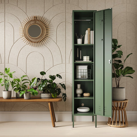 The Bexley single-door tall storage locker in forest green, with the door open showing accessories and stationary