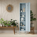 The Bexley single-door tall storage locker in sky blue, with the door open showing accessories and stationary