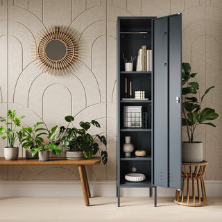 The Bexley single-door tall storage locker in slate grey, with the door open showing accessories and stationary