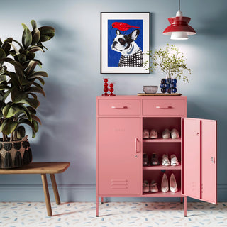 Metal storage locker with 2 doors and 2 drawers in flamingo pink, one door open showing rows of shoes