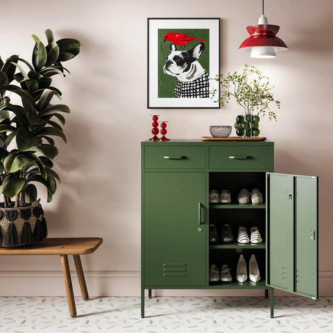 Metal storage locker with 2 doors and 2 drawers in forest green, one door open showing rows of shoes